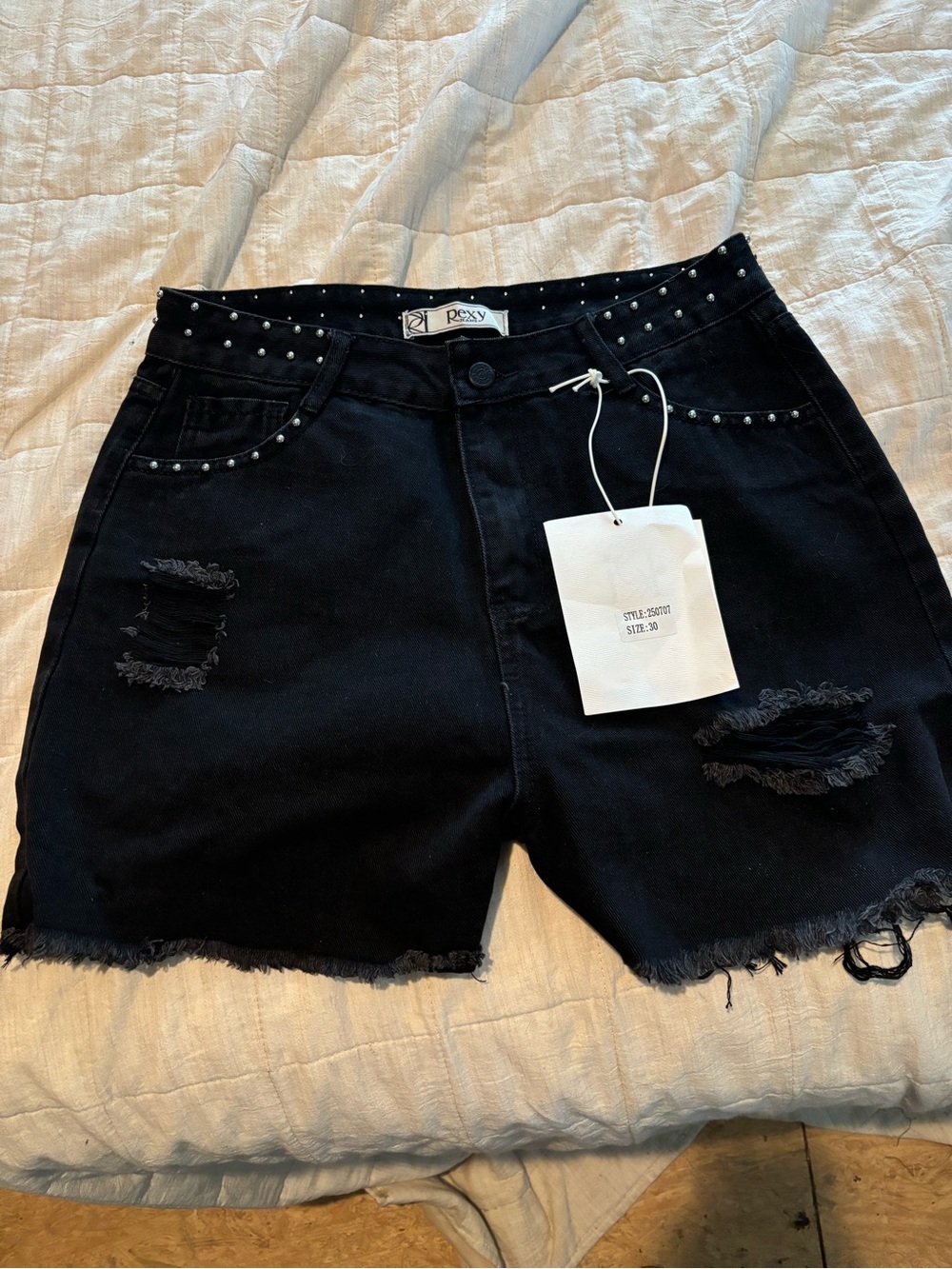Rexy Black Studded Distressed High-Rise Jean Shorts